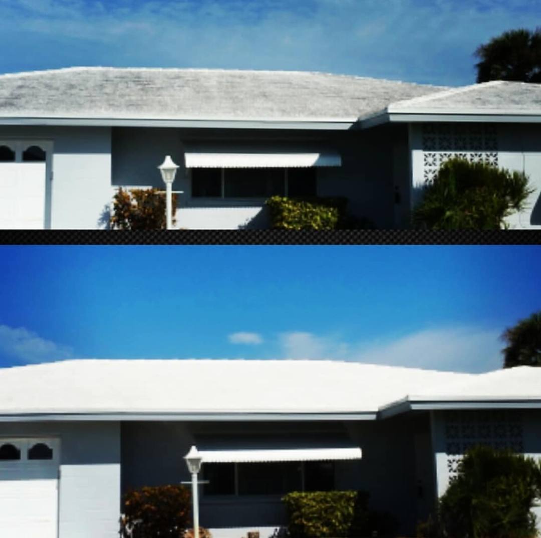 Low-slope white roof before and after cleaning