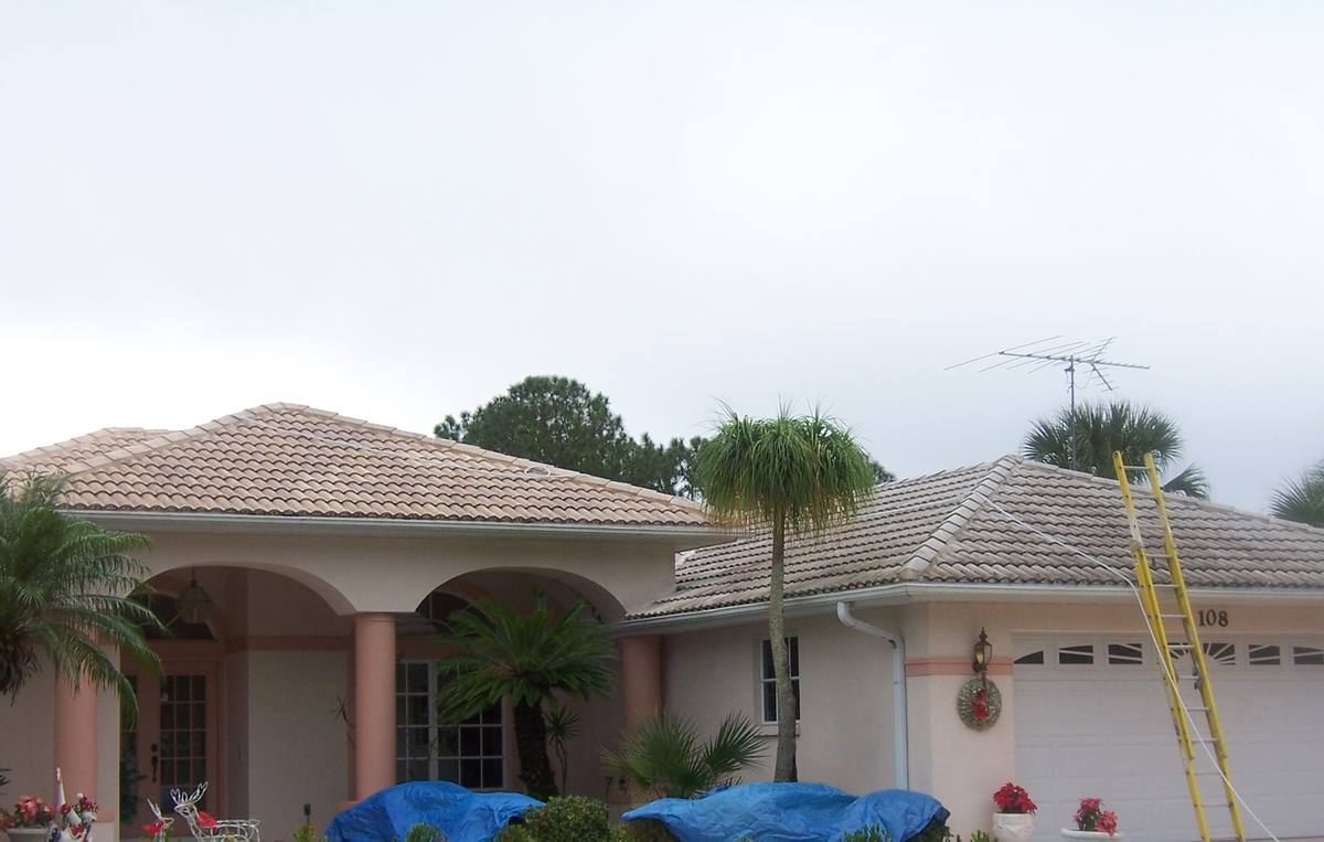 Florida home before roof cleaning with the landscaping tarped off for protection